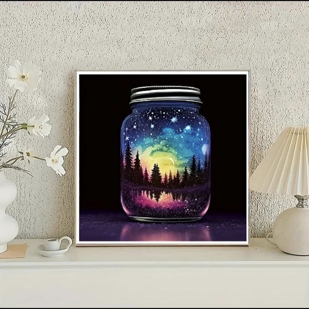 Mason Jar Trees Colorful Night Stars Sky Reflection 5D Diamond Painting Kit New - Picture 3 of 9